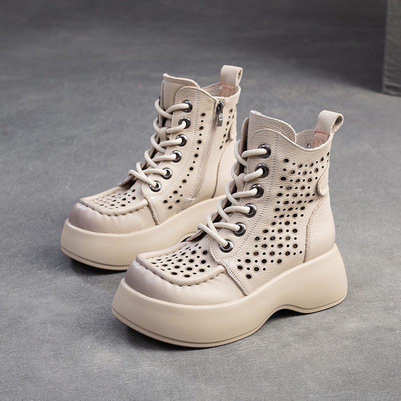 Damen Leder-Stiefeletten mit durchlöchertem Design und hoher Sohle WW