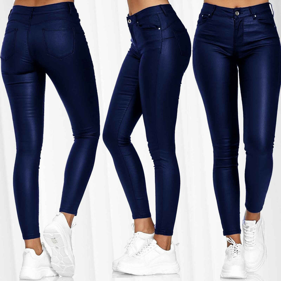 Damen figurbetonte Kunstleder-Hose mit mattem Finish und tiefem Bund WW