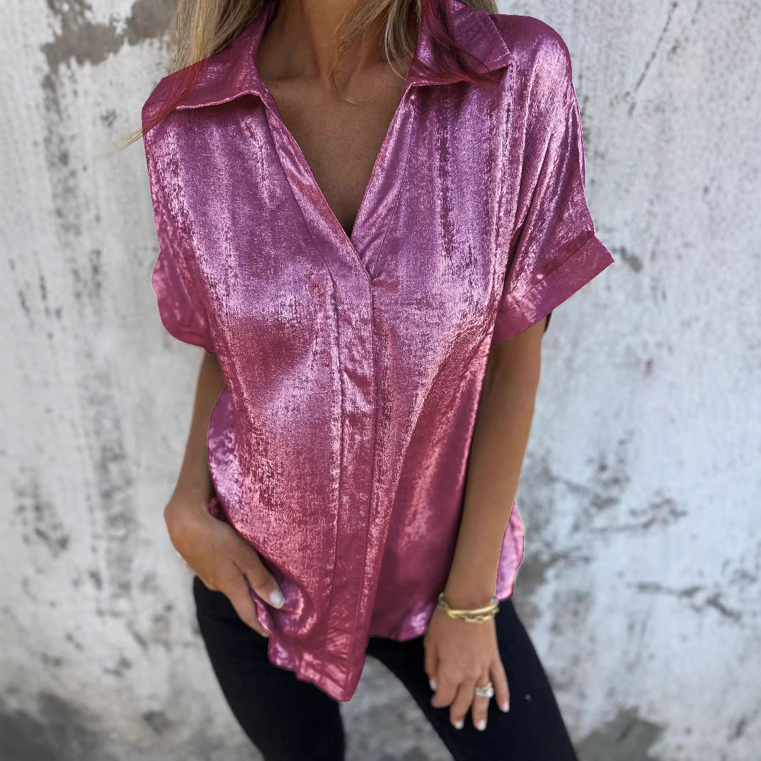 Damen Kurzarm-Seidenbluse mit elegantem Glanz und modischem Revers WW