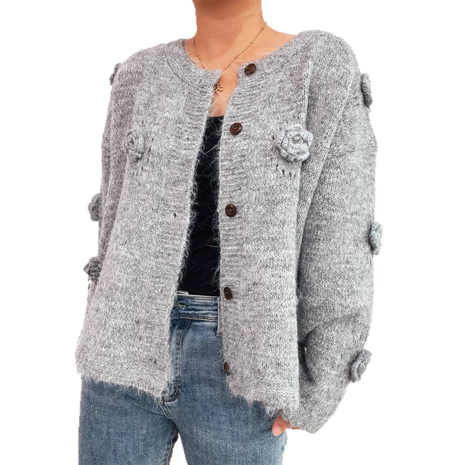 Damen Strickjacke mit floralen Applikationen und dekorativen Knöpfen WW