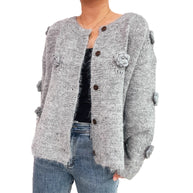 Damen Strickjacke mit floralen Applikationen und dekorativen Knöpfen WW