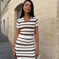 Damen Streifen Kleid mit kurzem Ärmel und Rippstruktur WW