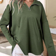 Damen lässiger Oversized Pullover mit halben Reißverschluss und Seitentaschen WW