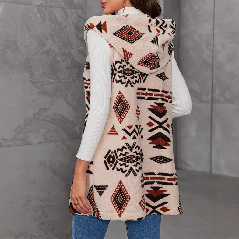 Damen Stilvolle und gemütliche Plüschweste mit Ethnomuster WW