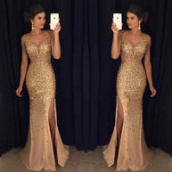 Damen Funkelndes Abendkleid mit tiefem V-Ausschnitt und seitlichem Schlitz WW