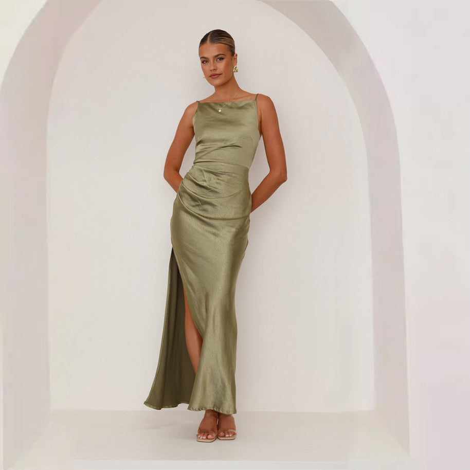 Damen Maxikleid mit elegantem Satin-Finish und hoch geschnittenem Schlitz WW