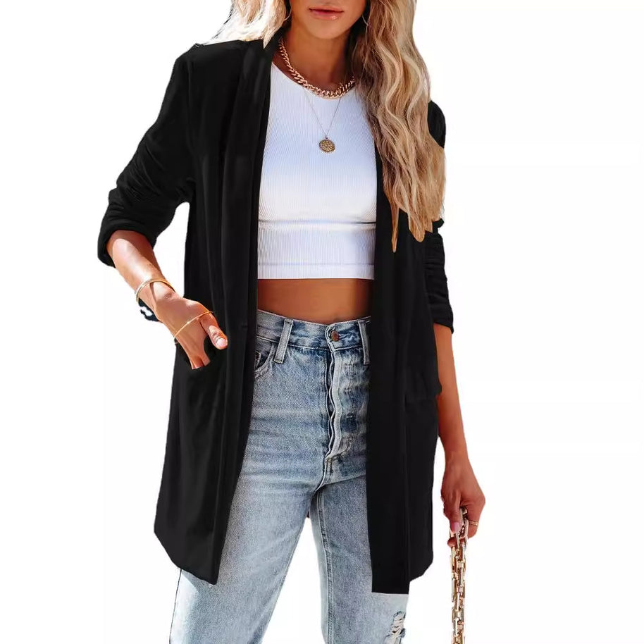 Damen lässiger Longcardigan mit seitlichen Taschen und offenem Schnitt WW