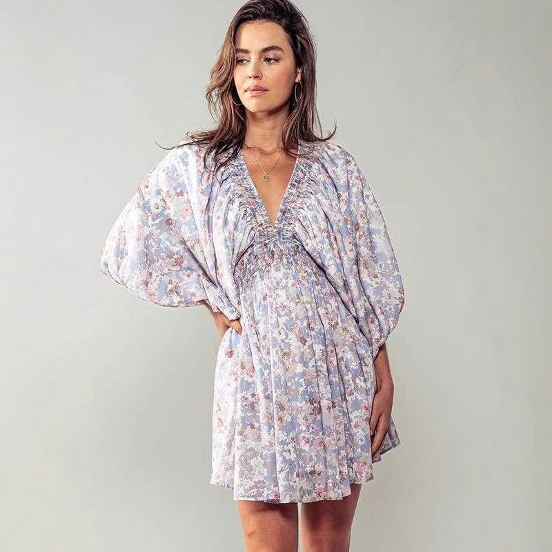 Damen romantisches Gartenkleid mit puffärmeln und elastischer Taille WW