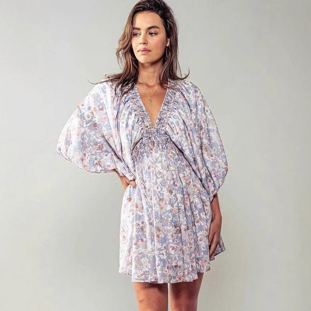 Damen romantisches Gartenkleid mit puffärmeln und elastischer Taille WW