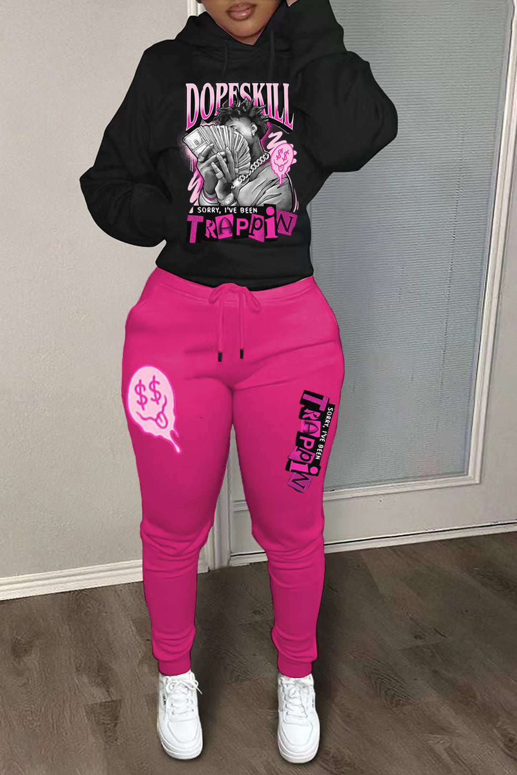 Damen bequeme Hoodie und Jogginghose Set mit kreativem Druck WW