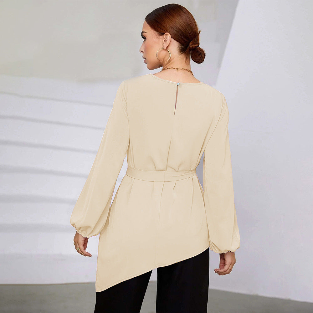 Damen asymmetrisches Blusenoberteil mit eleganten Rüschen und modischem Taillengürtel W&W Mode