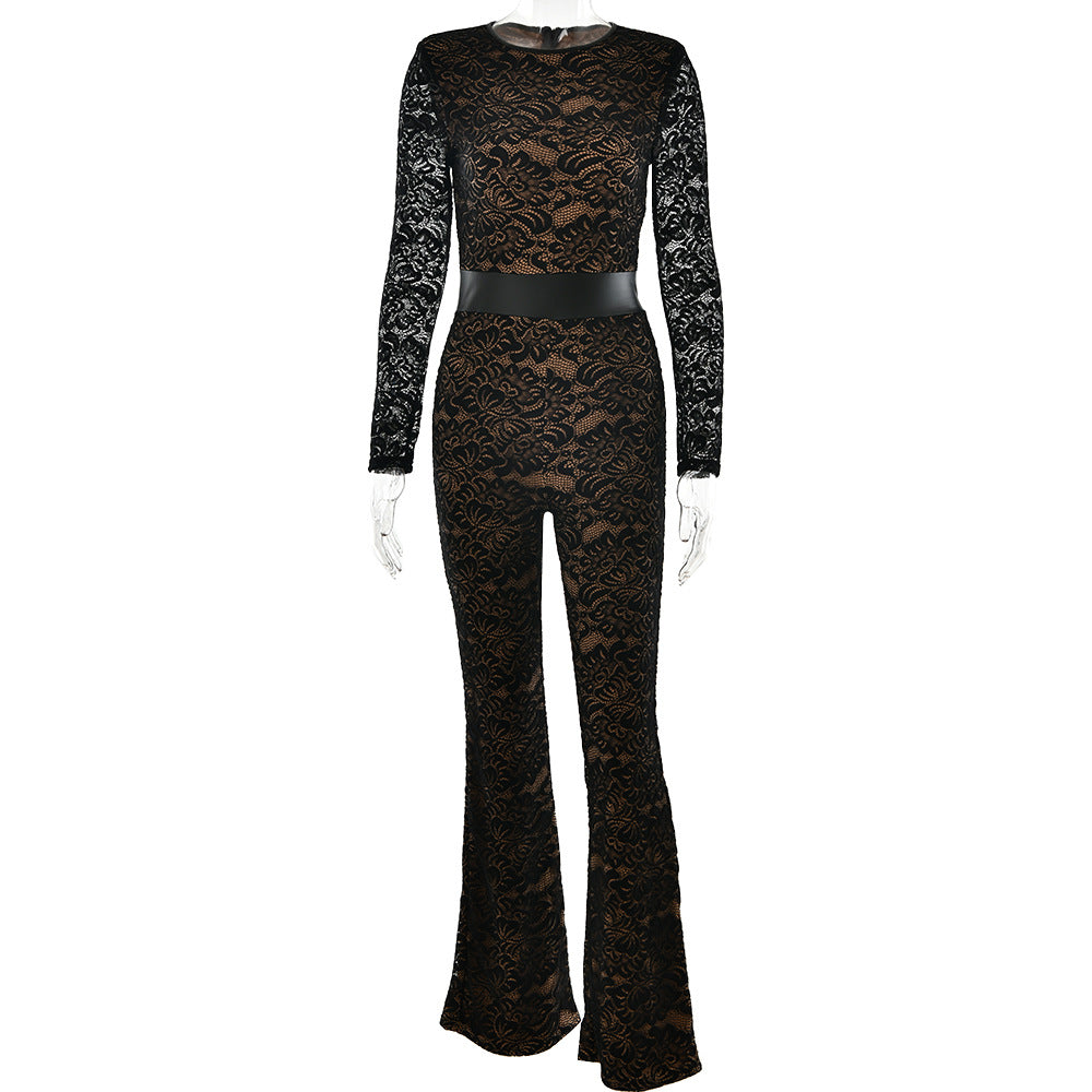 Damen Eleganter Spitzen-Overall mit floralen Motiven W&W Mode