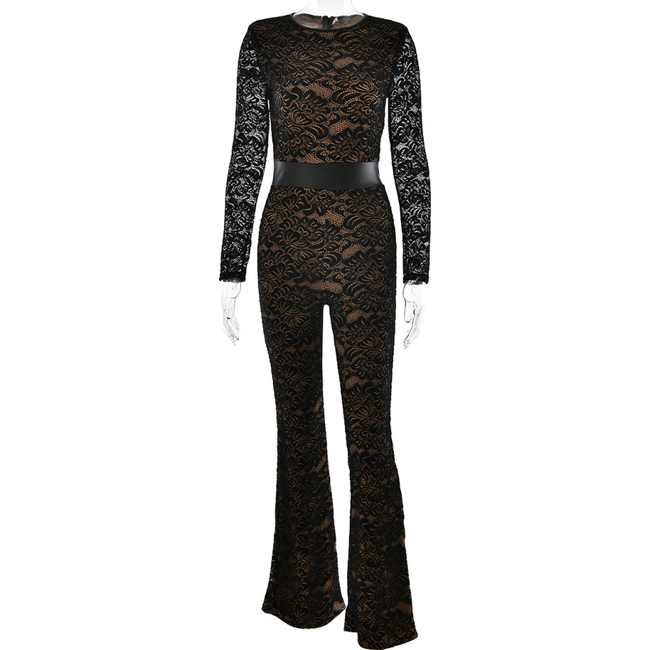 Damen Eleganter Spitzen-Overall mit floralen Motiven W&W