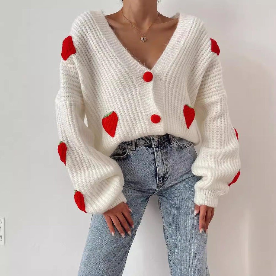 Damen Strickjacke mit fruchtigem Applikationsdesign WW