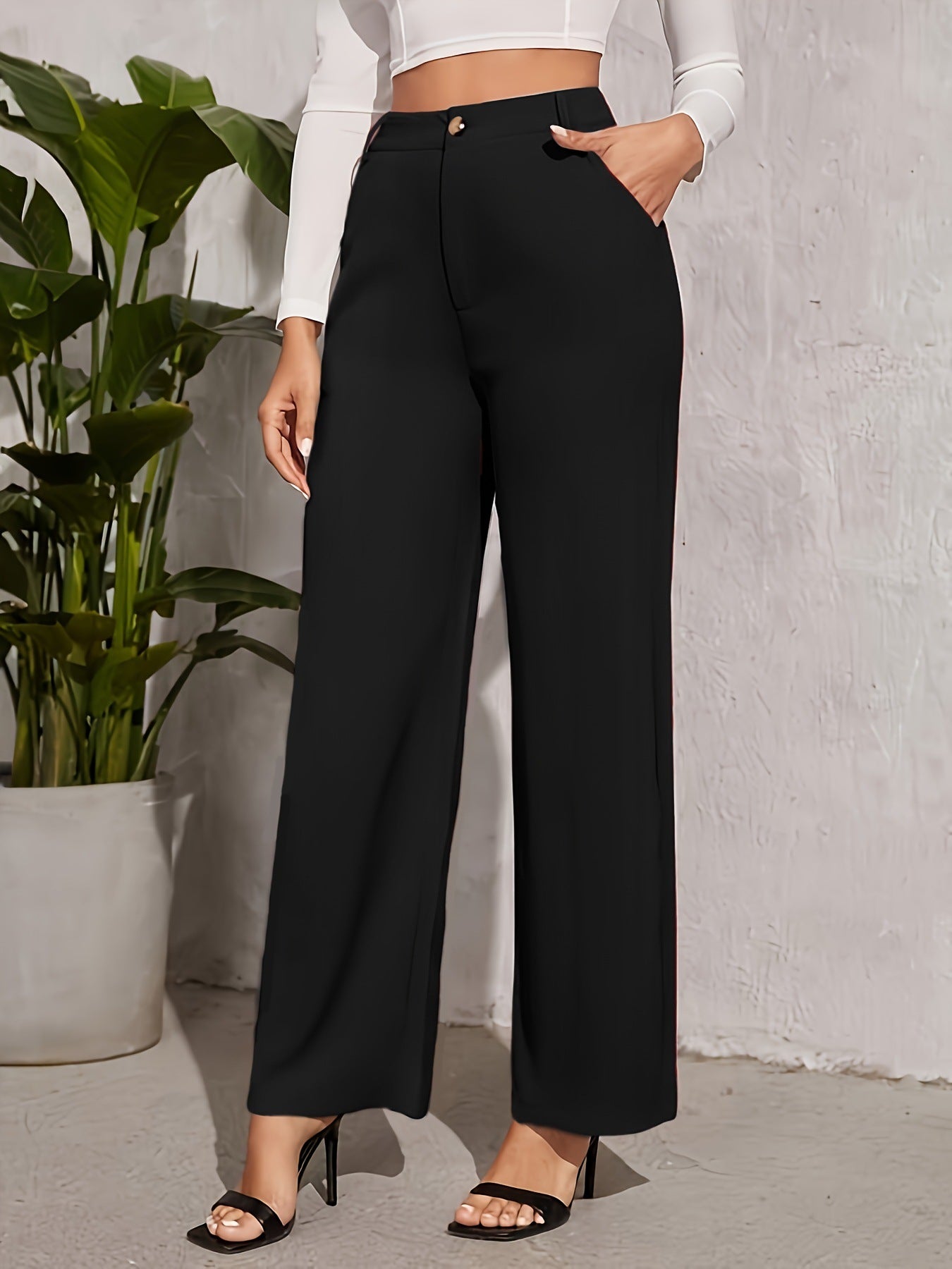 Damen weite Hochbundhose mit eleganter Knopfdetaillierung WW