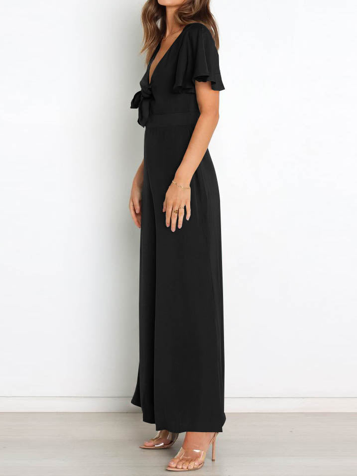 WW | Kurzarm Breite Beinform Lässig V-Ausschnitt Jumpsuit