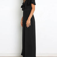 WW | Kurzarm Breite Beinform Lässig V-Ausschnitt Jumpsuit