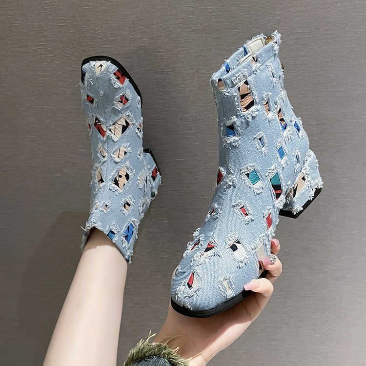 Damen Modische Ankle-Boots mit kreativem Geometrie-Druck und elegantem Reißverschluss W&W