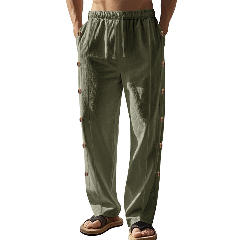 Herren nan entspannte Leinen-Relaxhose mit seitlicher Knopfleiste elastischem Bund und Eingrifftaschen W&W Mode