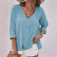 Damen lässige Bluse mit Knopfleiste und V-Ausschnitt WW