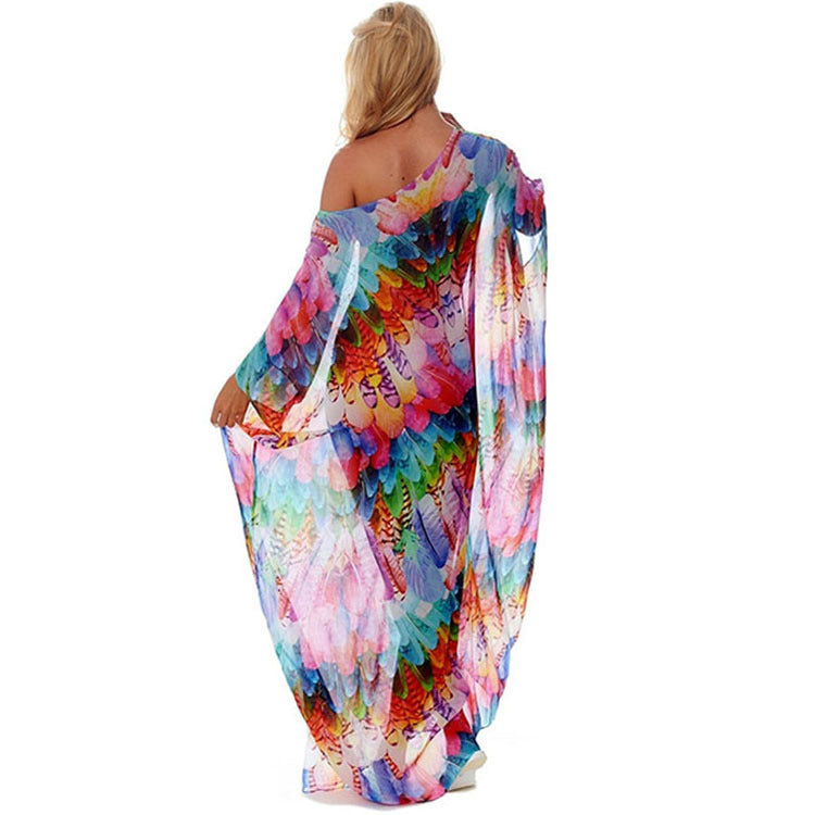 Damen Strandkaftan mit buntem Federdesign und luftigem Schnitt WW
