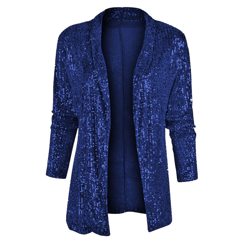 Damen Glitzernde Longjacke mit offenem Schnitt und 3/4-Ärmeln WW