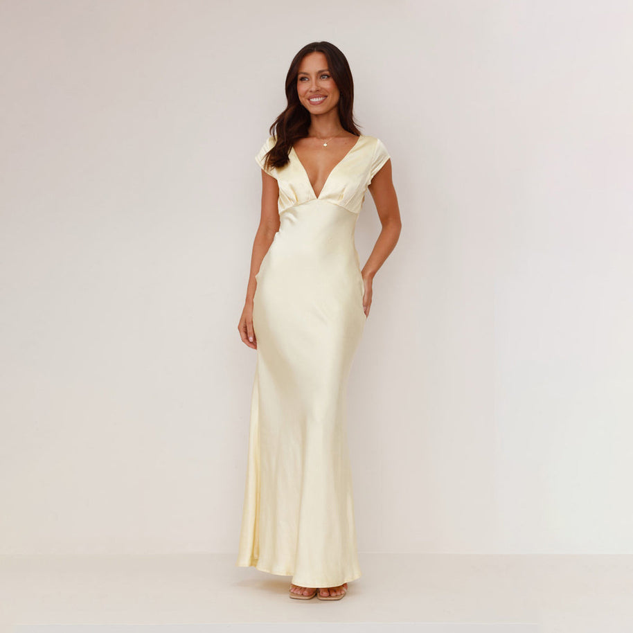 Damen elegantes Maxikleid mit tiefem V-Ausschnitt und fliessendem Satin-Finish WW
