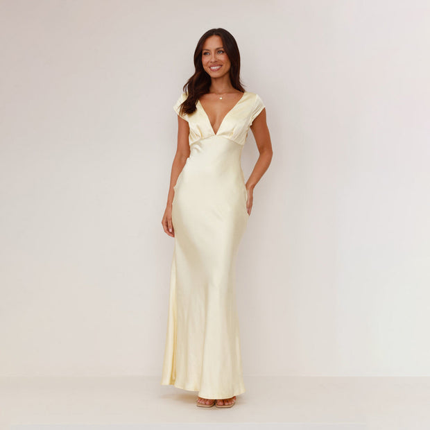 Damen elegantes Maxikleid mit tiefem V-Ausschnitt und fliessendem Satin-Finish WW