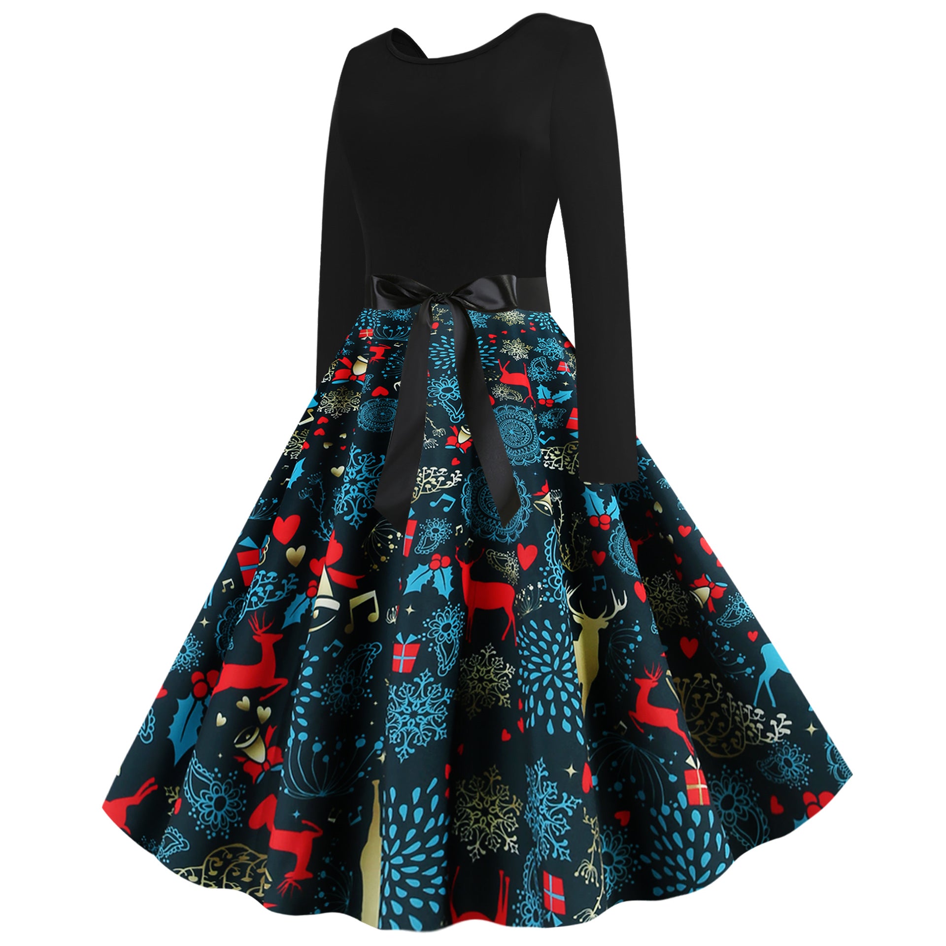 Damen Rock mit buntem Weihnachtliche Muster und eleganter Taillenbindung WW