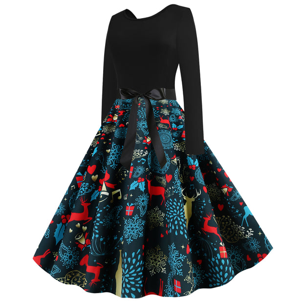 Damen Rock mit buntem Weihnachtliche Muster und eleganter Taillenbindung WW