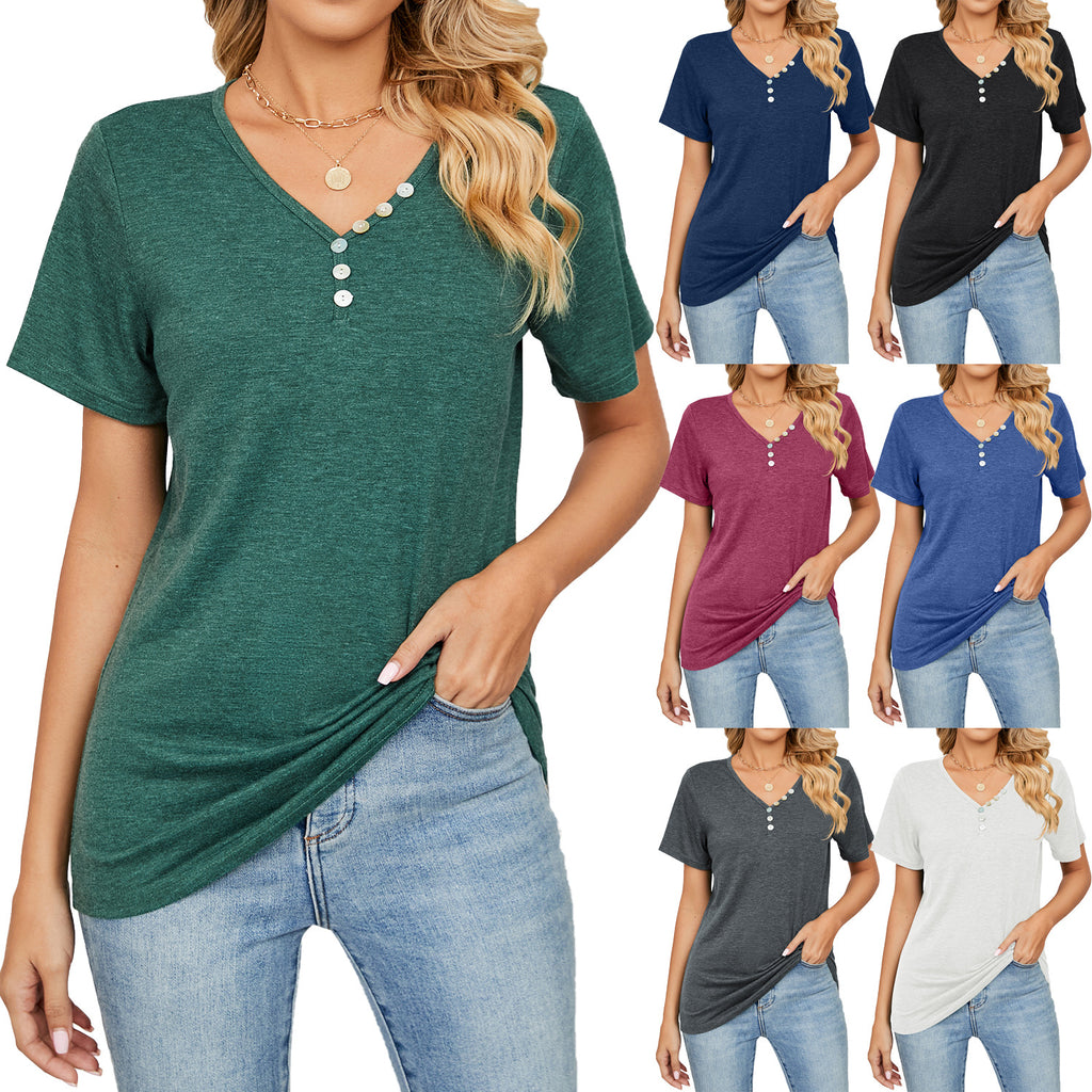 Damen V-Ausschnitt T-Shirt mit dekorativen Knopfdetails und lockerem Schnitt WW
