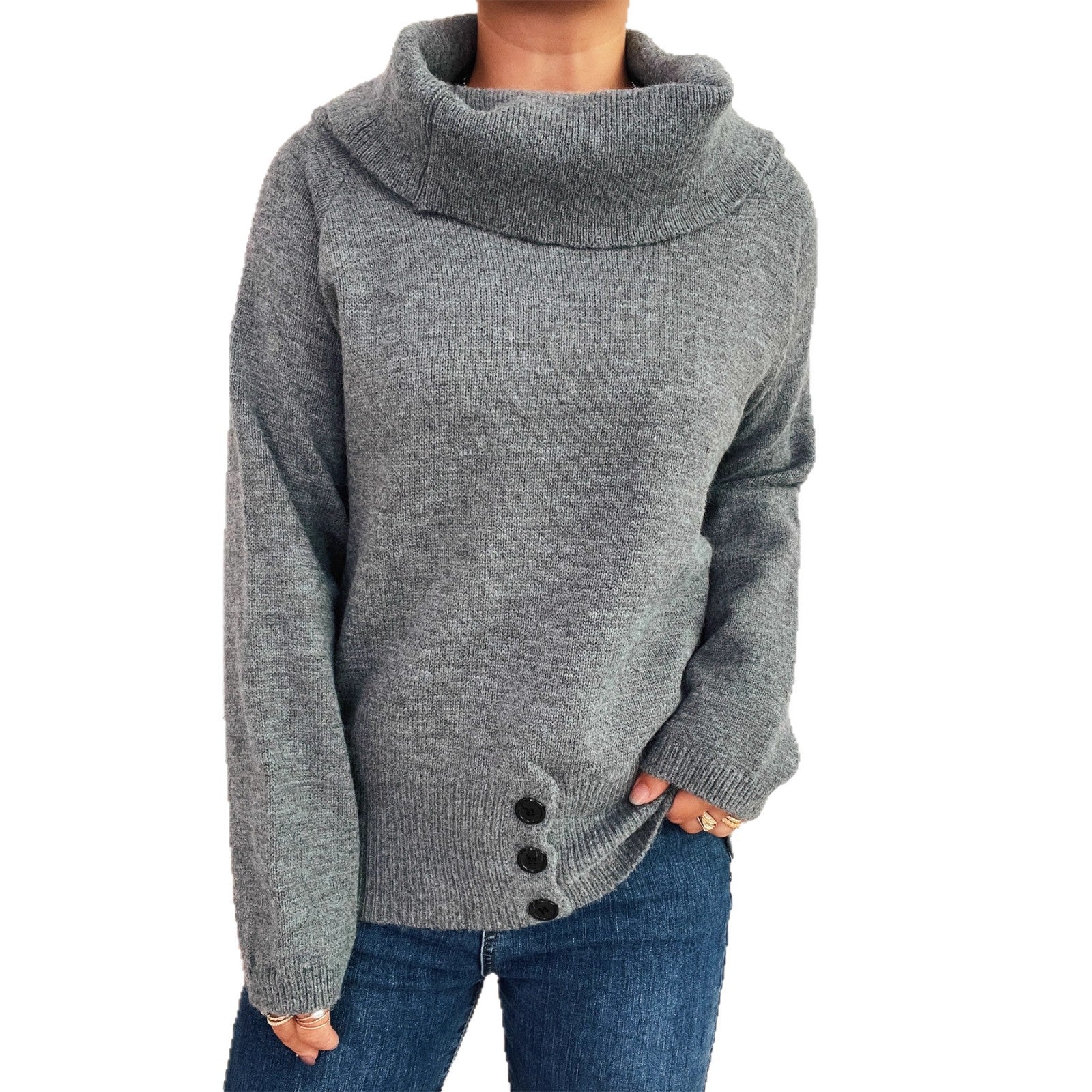 Damen Pullover mit weichem Kragen und dekorativen Knöpfen WW