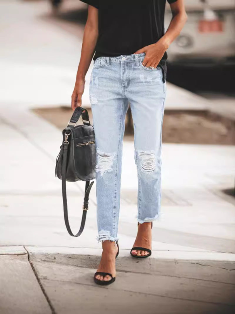 Damen Ripped Denim-Jeans mit lässigem Schnitt und ausgefranstem Saum WW
