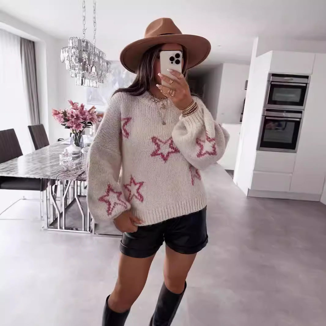 Damen Strickpullover mit Sternen-Design und weit ausgestellten Ärmeln WW
