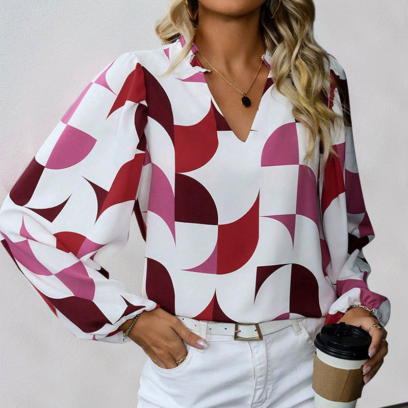 Damen Bluse mit modischem V-Ausschnitt und einzigartigem Muster WW