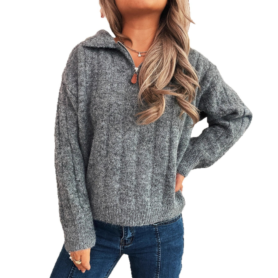 Damen Strickpullover mit kurzer Reißverschlussleiste und Wellenstruktur WW