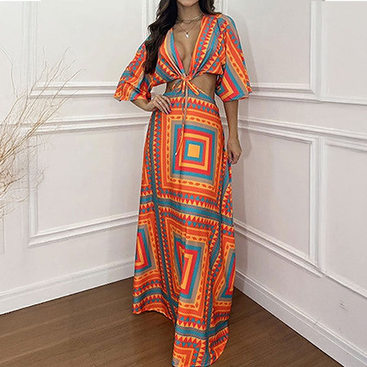 Damen Maxi-Kleid mit tiefem V-Ausschnitt und Wellenmuster W&W Mode