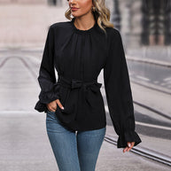 Damen Bluse mit dekorativem Wickelgürtel und voluminösen Ärmeln WW