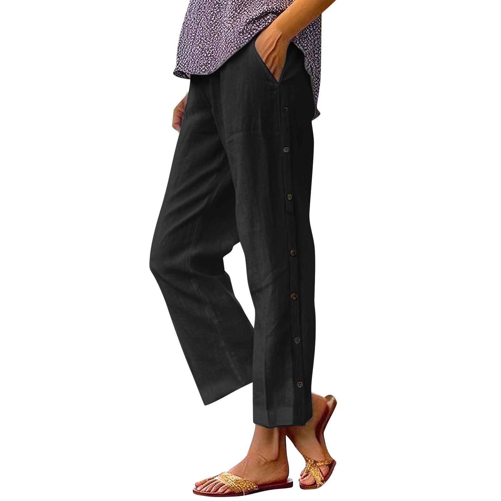 Damen Bequeme Leinenhose mit Knopfdetails WW