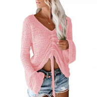 Damen angesagter V-Ausschnitt Pullover mit Raffung WW