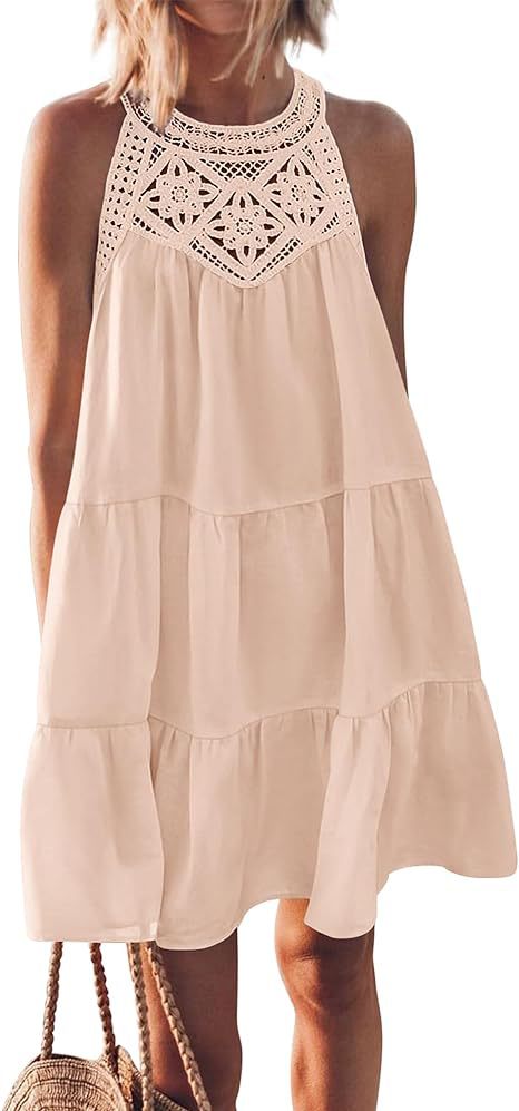 Damen Luftiges Sommerkleid mit Spitzenbesatz und weit geschnittenem Saum WW