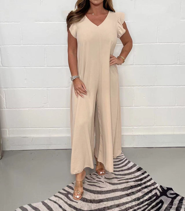 Damen gehobener Jumpsuit mit voluminösen Rüschenärmeln und V-Ausschnitt W&W Mode
