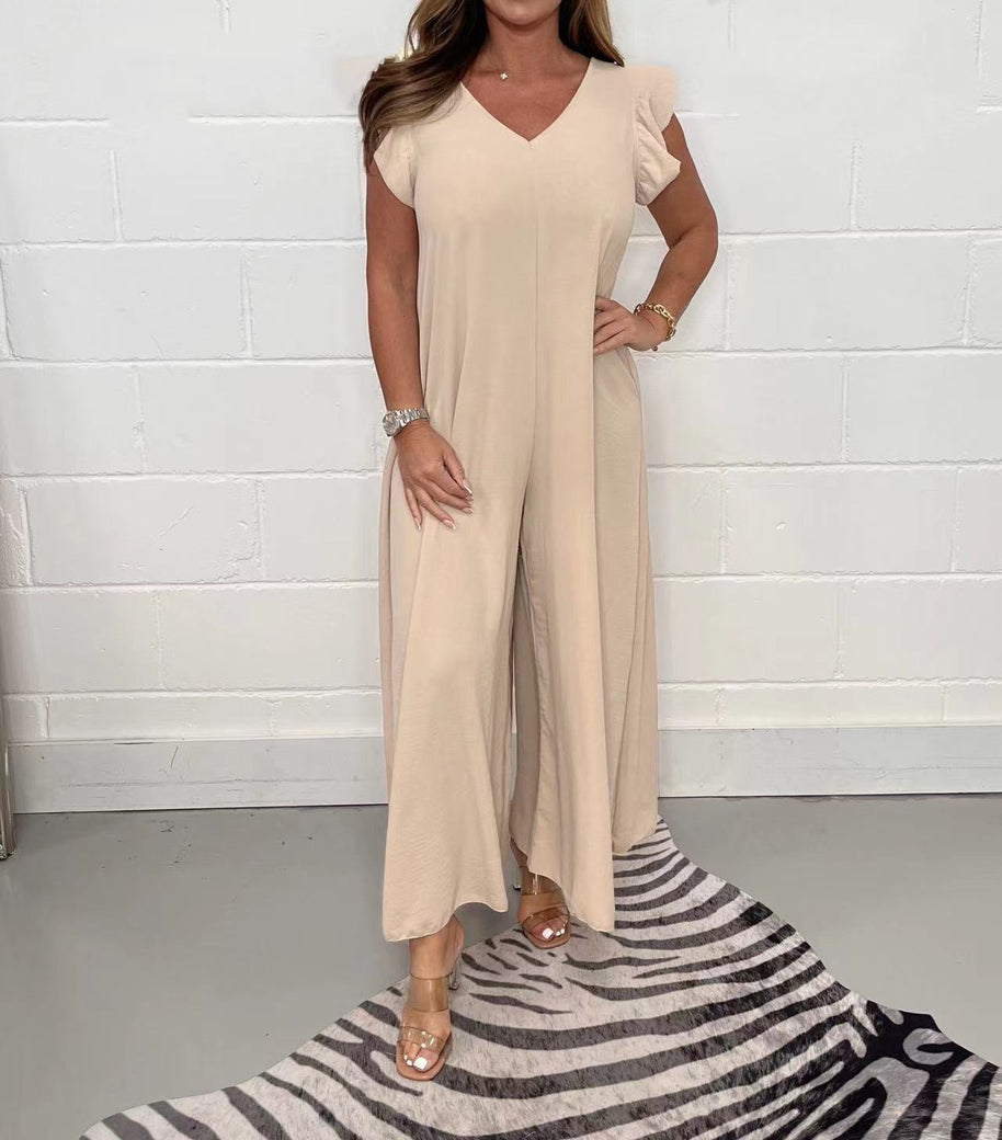 Damen gehobener Jumpsuit mit voluminösen Rüschenärmeln und V-Ausschnitt WW