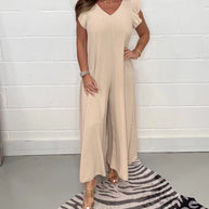Damen gehobener Jumpsuit mit voluminösen Rüschenärmeln und V-Ausschnitt WW