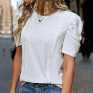 Damen elegante Bluse mit Spitzendetails und Puffärmeln WW