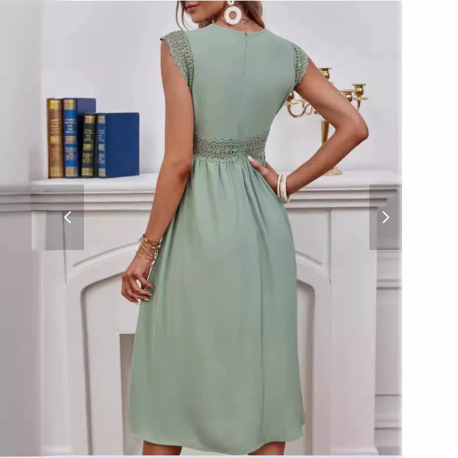 WW | Spitzen-Hollow-Patchwork-V-Ausschnitt-Kleid