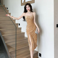 WW | Spaghetti-Träger Heller Glänzender Leichter Luxus Abendkleid