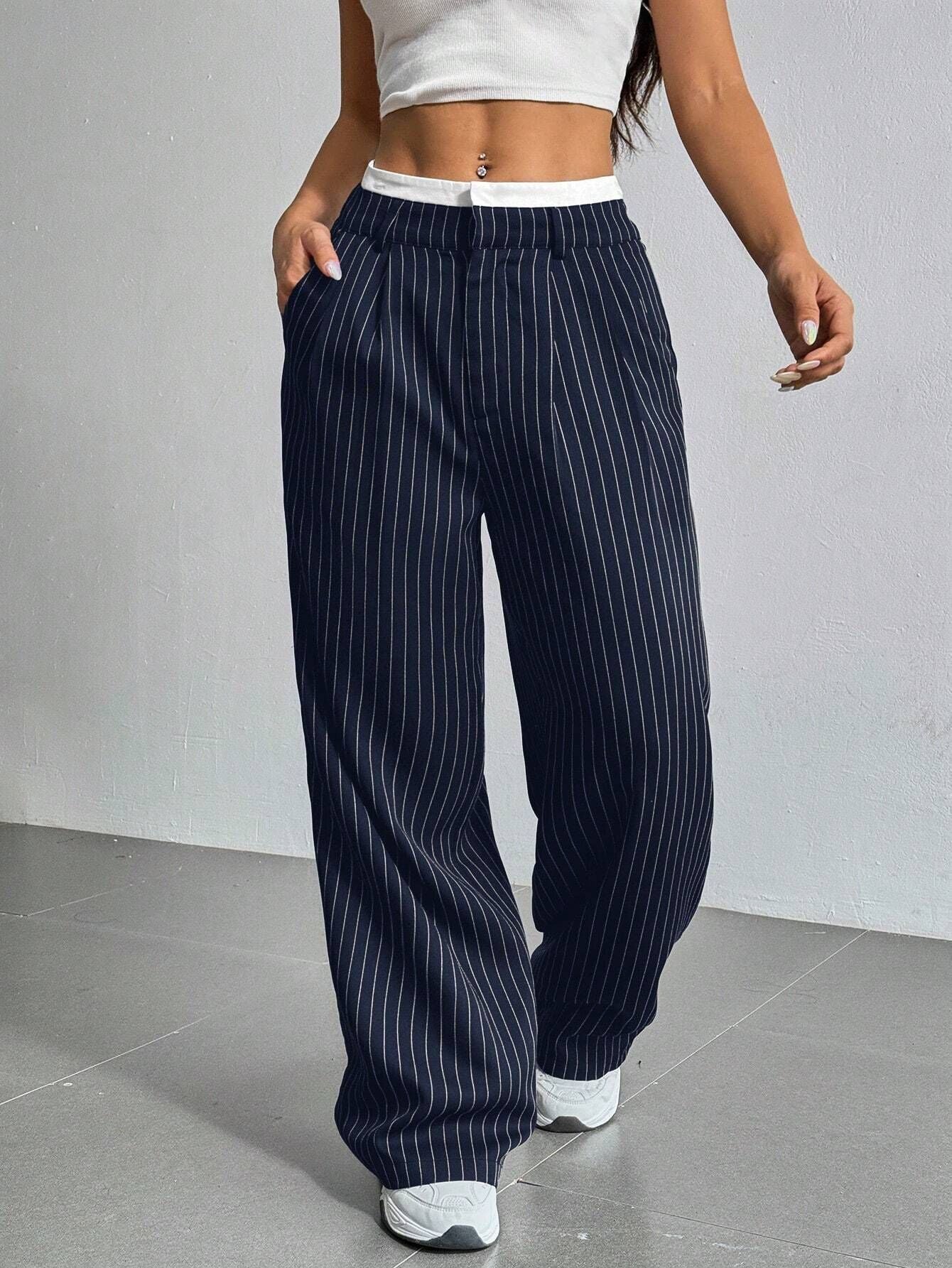 Damen Elegante Weite Hose mit Nadelstreifen und hohem Bund WW