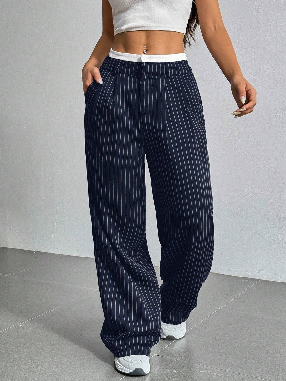 Damen Elegante Weite Hose mit Nadelstreifen und hohem Bund WW