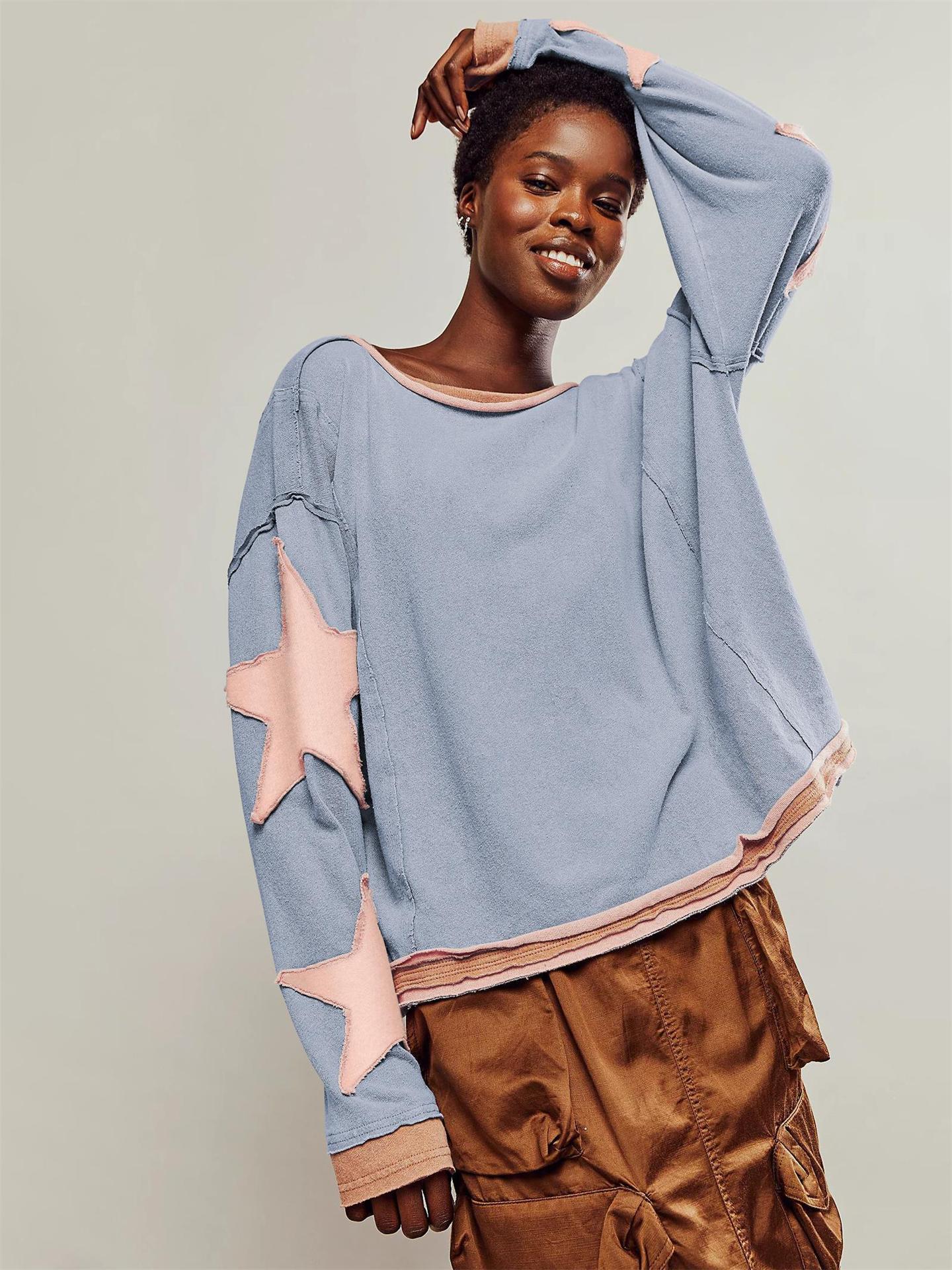 Damen Lässiger Sweatshirt mit gestreiftem Design und Sternenapplikationen WW